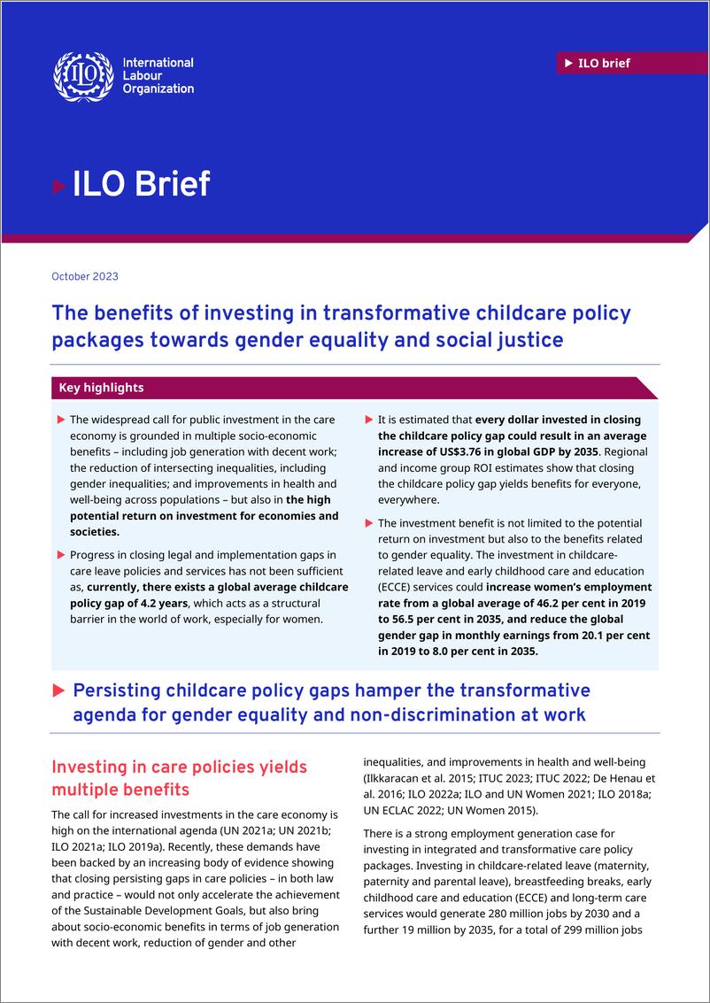 《国际劳工组织：缩小儿童保育政策差距可带来高额投资回报-英-13页》 - 第1页预览图