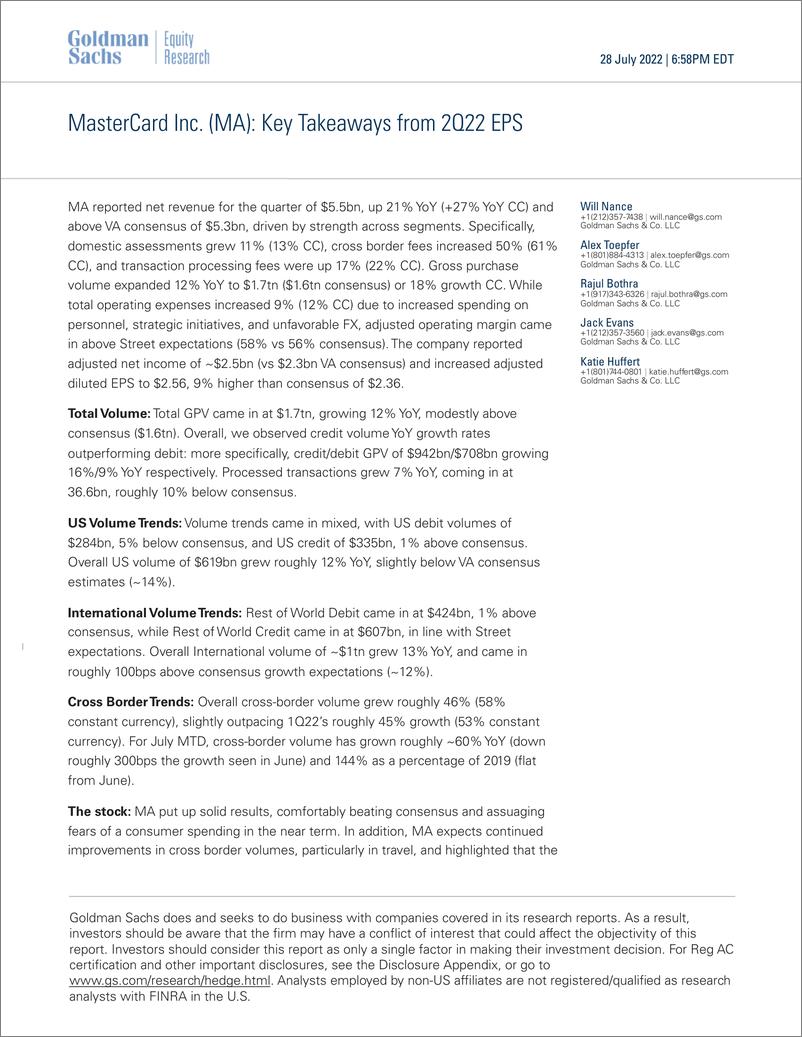 《MasterCard Inc. (MA Key Takeaways from 2Q22 EPS(1)》 - 第1页预览图