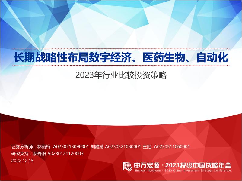 《2023年行业比较投资策略：长期战略性布局数字经济、医药生物、自动化-20221215-申万宏源-104页》 - 第1页预览图