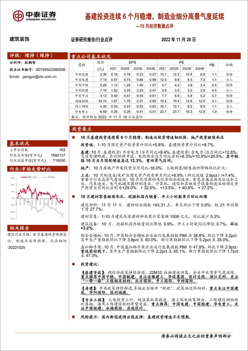 《建筑装饰行业10月经济数据点评：基建投资连续6个月稳增，制造业细分高景气度延续-20221120-中泰证券-19页》 - 第1页预览图