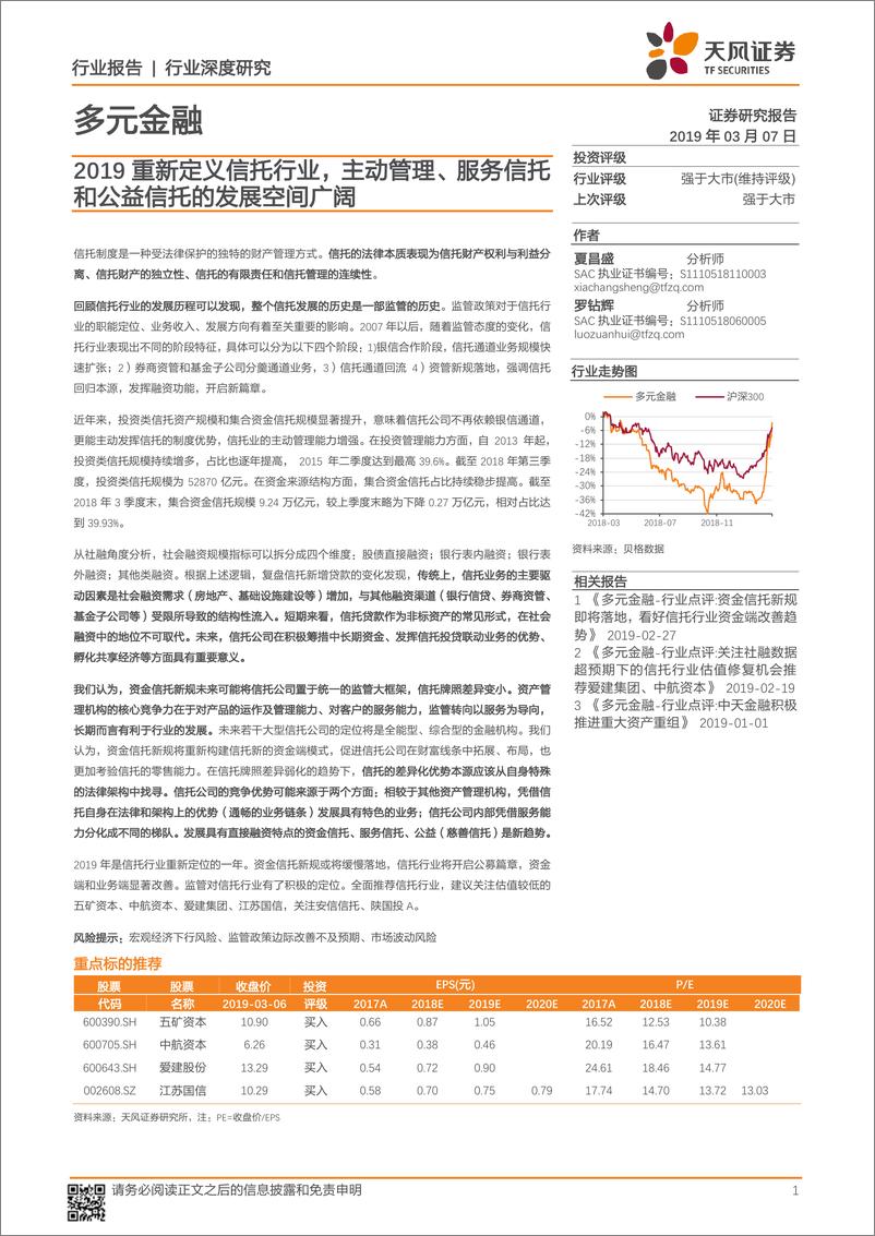 《多元金融行业：2019重新定义信托行业，主动管理、服务信托和公益信托的发展空间广阔-20190307-天风证券-22页》 - 第1页预览图