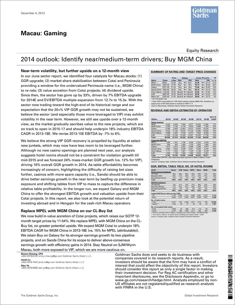 《高盛-Macau： Gaming：2014 outlook： Identify near：medium-term drivers; Buy MGM China》 - 第1页预览图