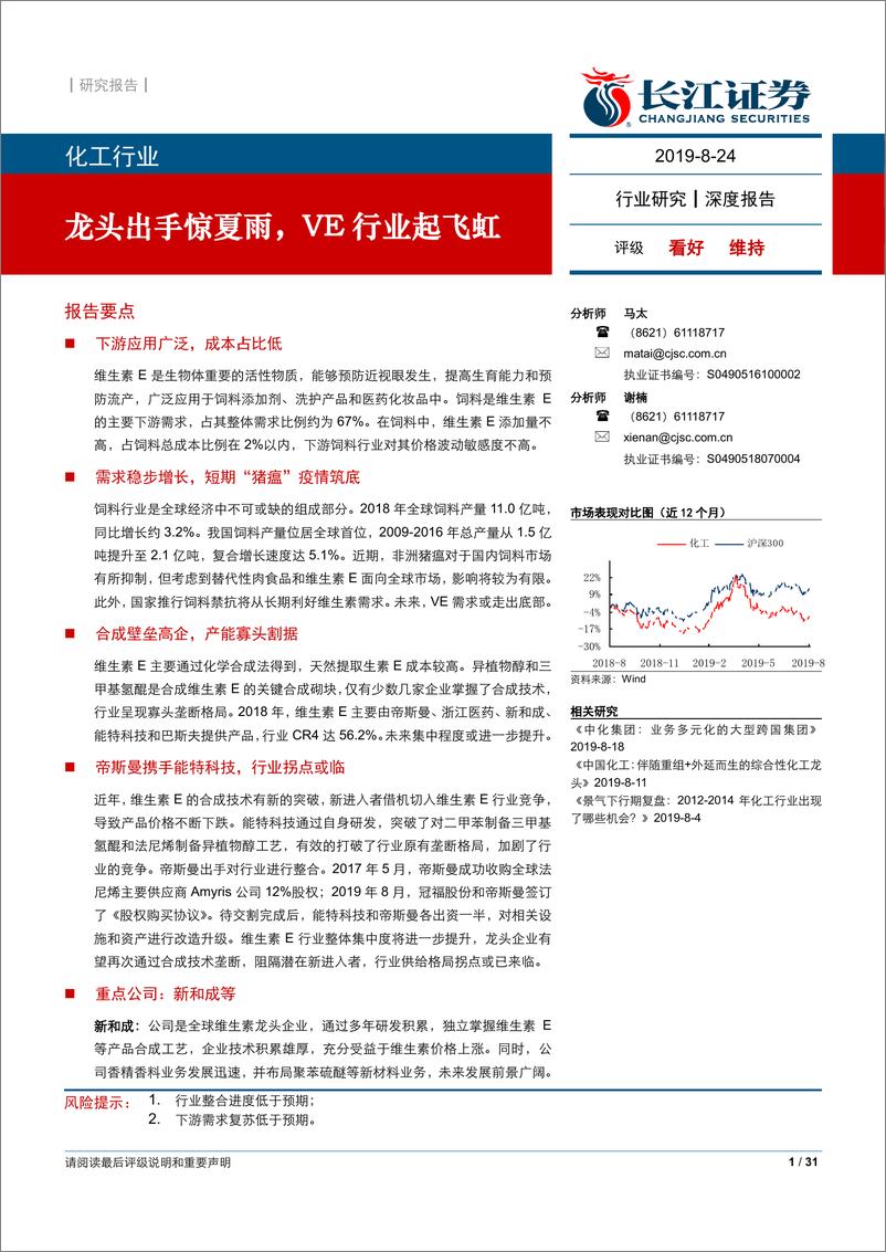 《化工行业：龙头出手惊夏雨，维生素E行业起飞虹-20190824-长江证券-31页》 - 第1页预览图