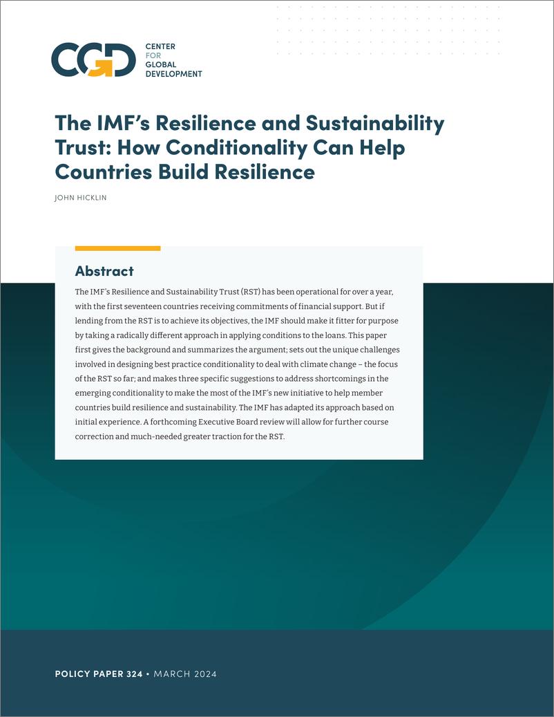 《全球发展中心-国际货币基金组织的韧性和可持续性信托：条件如何帮助各国建立韧性（英）-2024.3-32页》 - 第1页预览图