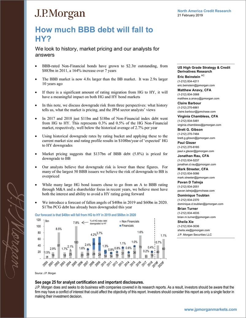 《J.P. 摩根-美股-信贷策略-有多少BBB级债券将降级为HY？我们从历史、市场定价和分析师那里寻找答案-2019.2.21-27页》 - 第1页预览图