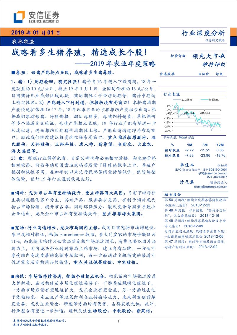 《2019年农业年度策略：战略看多生猪养殖，精选成长个股！-20190101-安信证券-28页》 - 第1页预览图