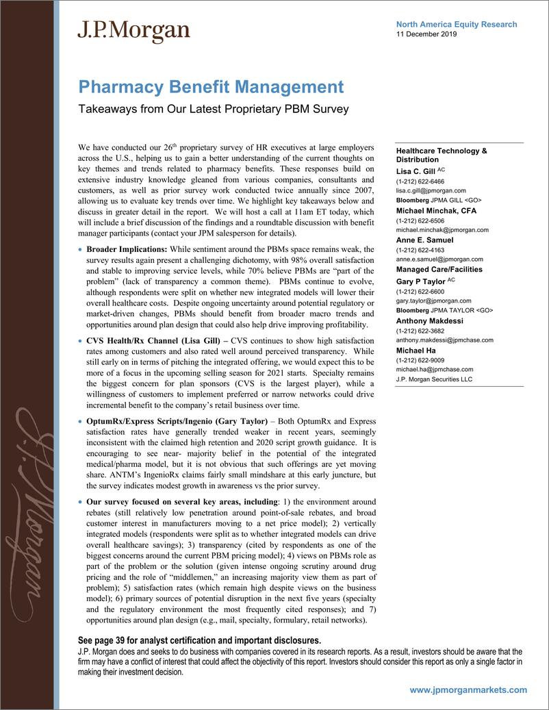 《J.P. 摩根-美股-医疗科技行业-药品福利管理：最新PBM调查要点-2019.12.11-41页》 - 第1页预览图