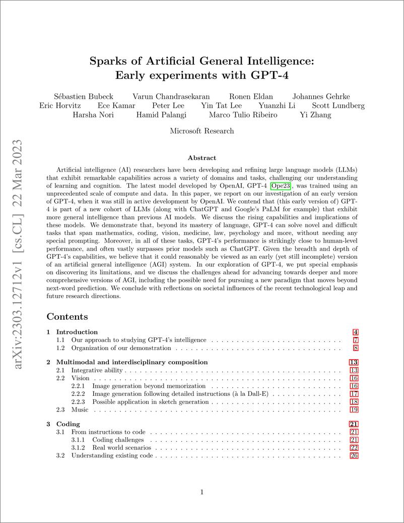 《【论文原文】Sparks of Artificial General Intelligence：Early experiments with GPT-4》 - 第1页预览图