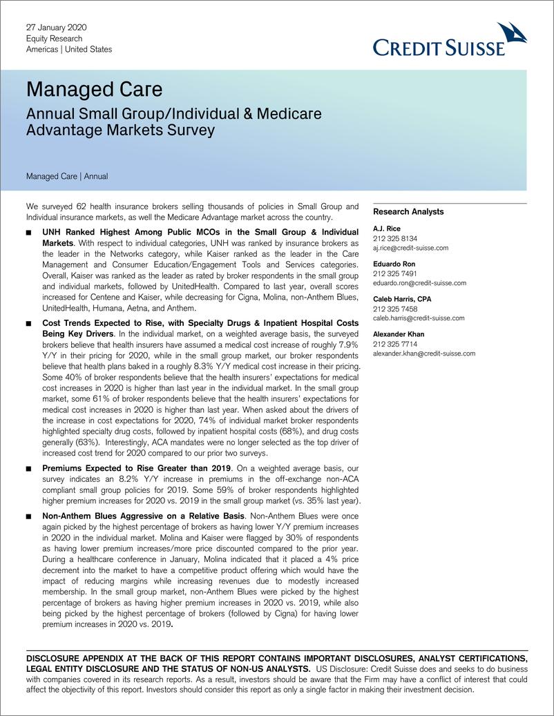 《瑞信-美股-医疗保健行业-管理式医疗：小型团体、个人和医疗保险市场年度调查-2020.1.27-42页》 - 第1页预览图