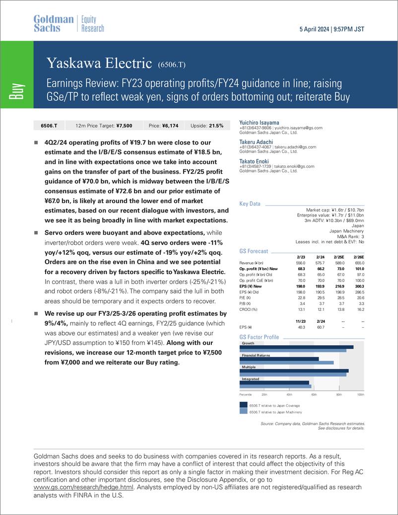 《Yaskawa Electric (6506.T Earnings Revie FY23 operating profitFY24 guidance in line; raising GSTP to reflect weak yen,...(1)》 - 第1页预览图