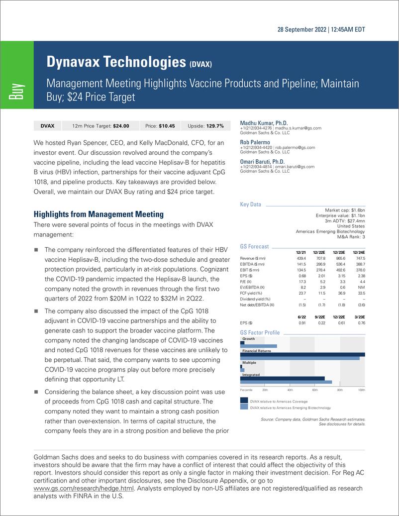 《Dynavax Technologies (DVAX Management Meeting Highlights Vaccine Products and Pipeline; Maintain Buy; $24 Price Target》 - 第1页预览图