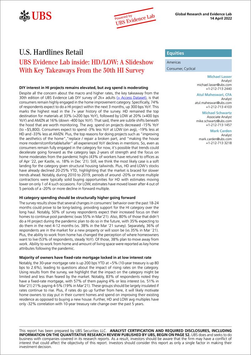《瑞银-美股零售行业-硬线零售之HD、LOW：第30次HI调查的关键要点-2022.4.14-60页》 - 第1页预览图