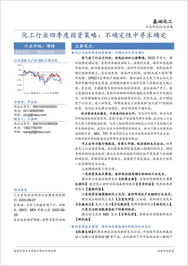 《化工行业四季度投资策略：不确定性中寻求确定-20221010-华安证券-26页》 - 第1页预览图