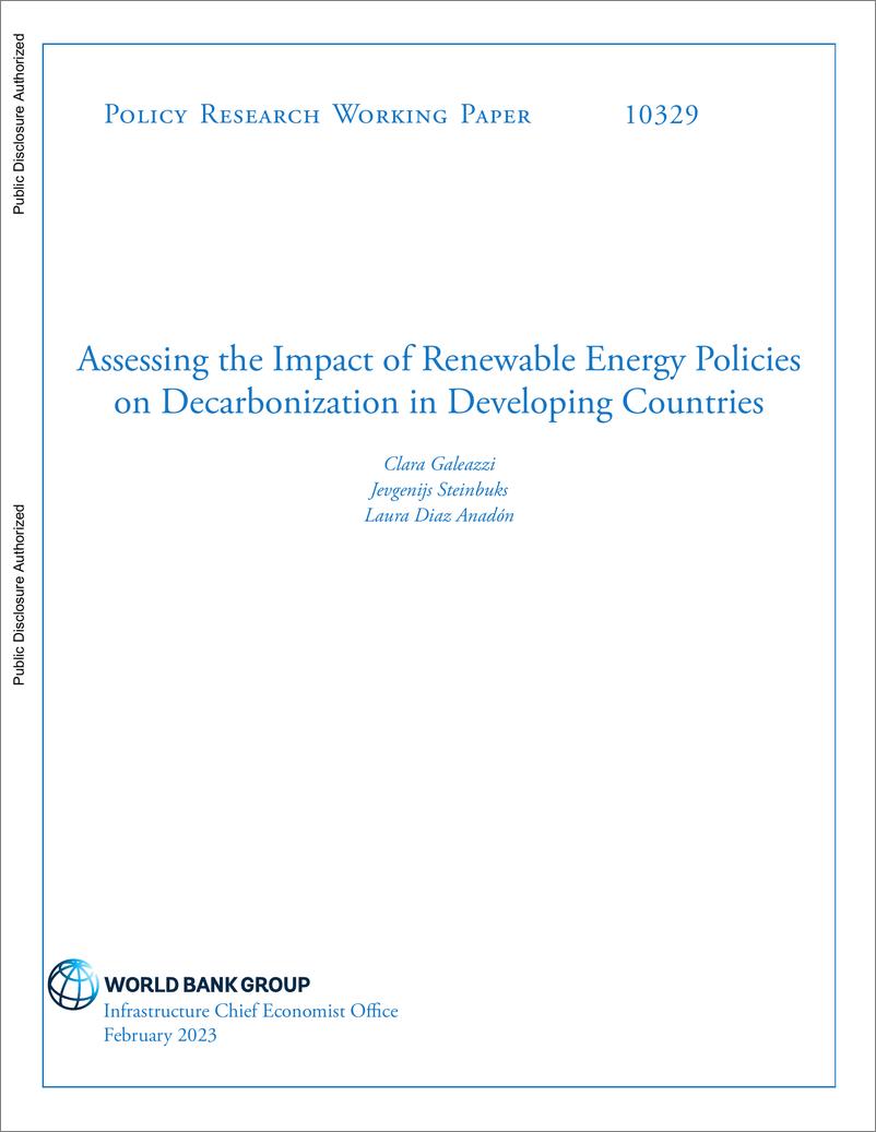 《世界银行-评估可再生能源政策对发展中国家脱碳的影响（英）-2023.2-72页》 - 第1页预览图