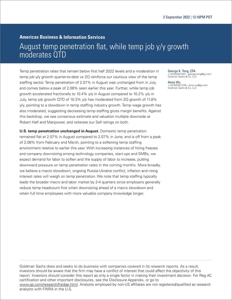 《Americas Business & Information Service August temp penetration flat, while temp job y growth moderates QTD》 - 第1页预览图
