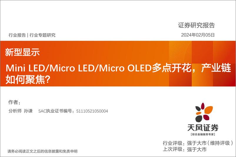 《新型显示行业专题研究：Mini LED Micro LED Micro OLED多点开花，产业链如何聚焦？-20240205-天风证券-44页》 - 第1页预览图