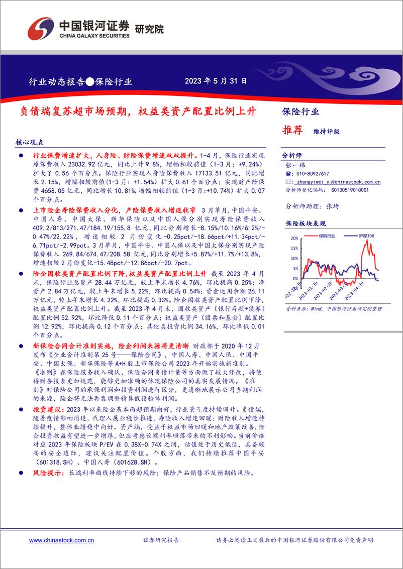 《保险行业：负债端复苏超市场预期，权益类资产配置比例上升-20230531-银河证券-19页》 - 第1页预览图