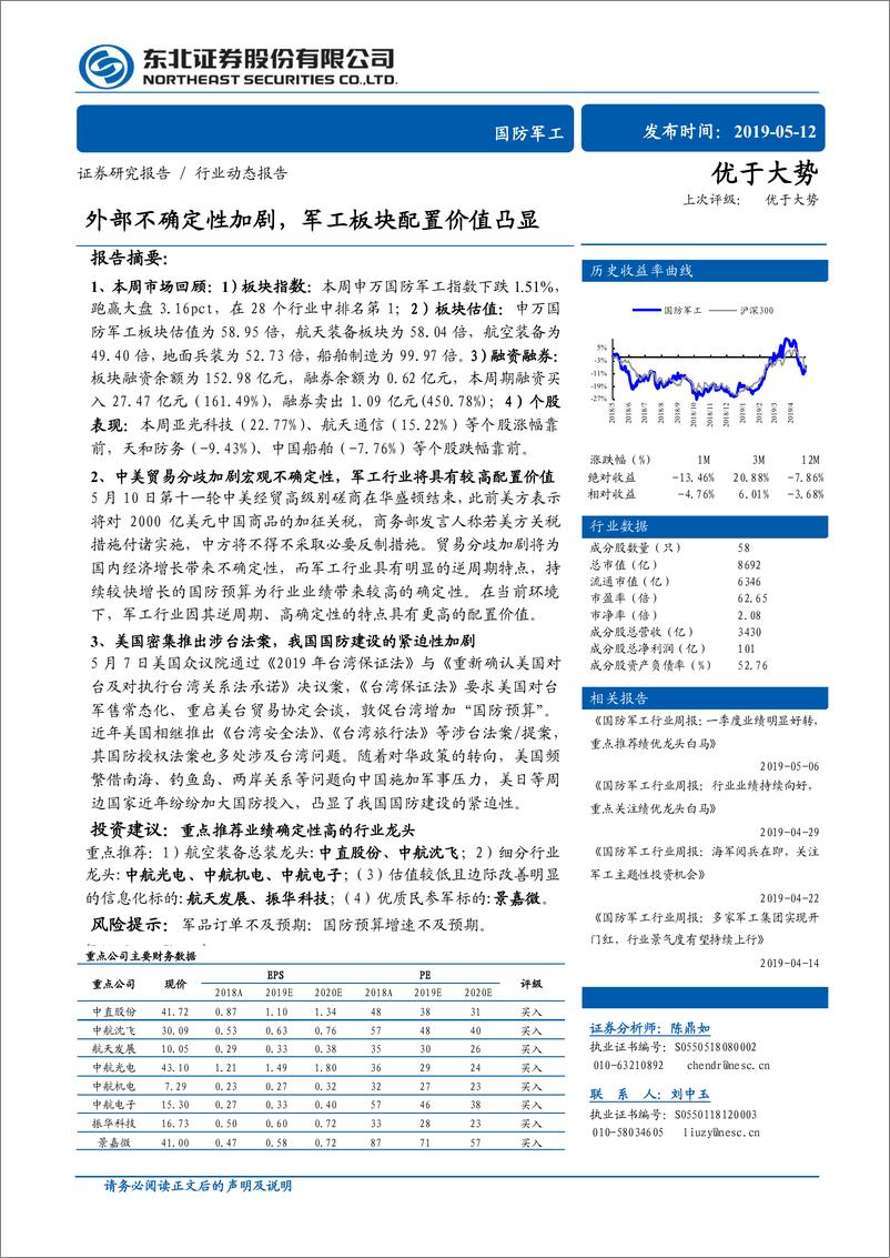 《国防军工行业：外部不确定性加剧，军工板块配置价值凸显-20190512-东北证券-20页》 - 第1页预览图