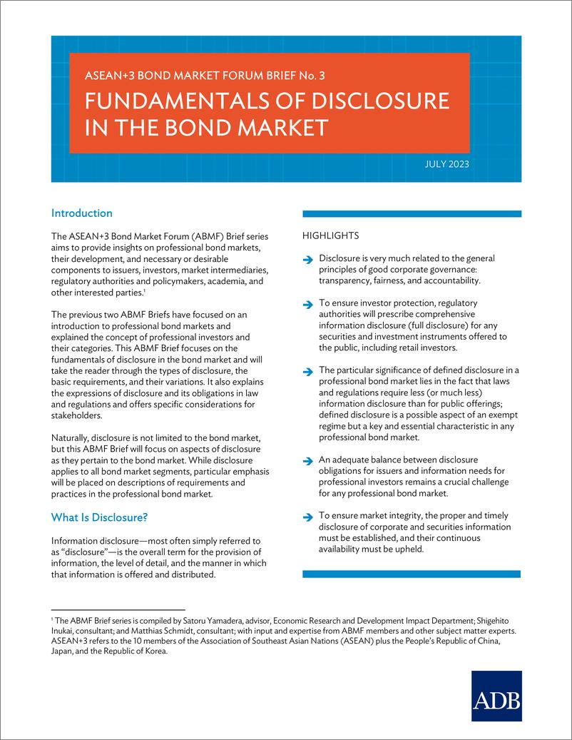 《亚开行-东盟+3债券市场论坛简报第3期——债券市场披露的基本原则（英）-2023.7-11页》 - 第1页预览图