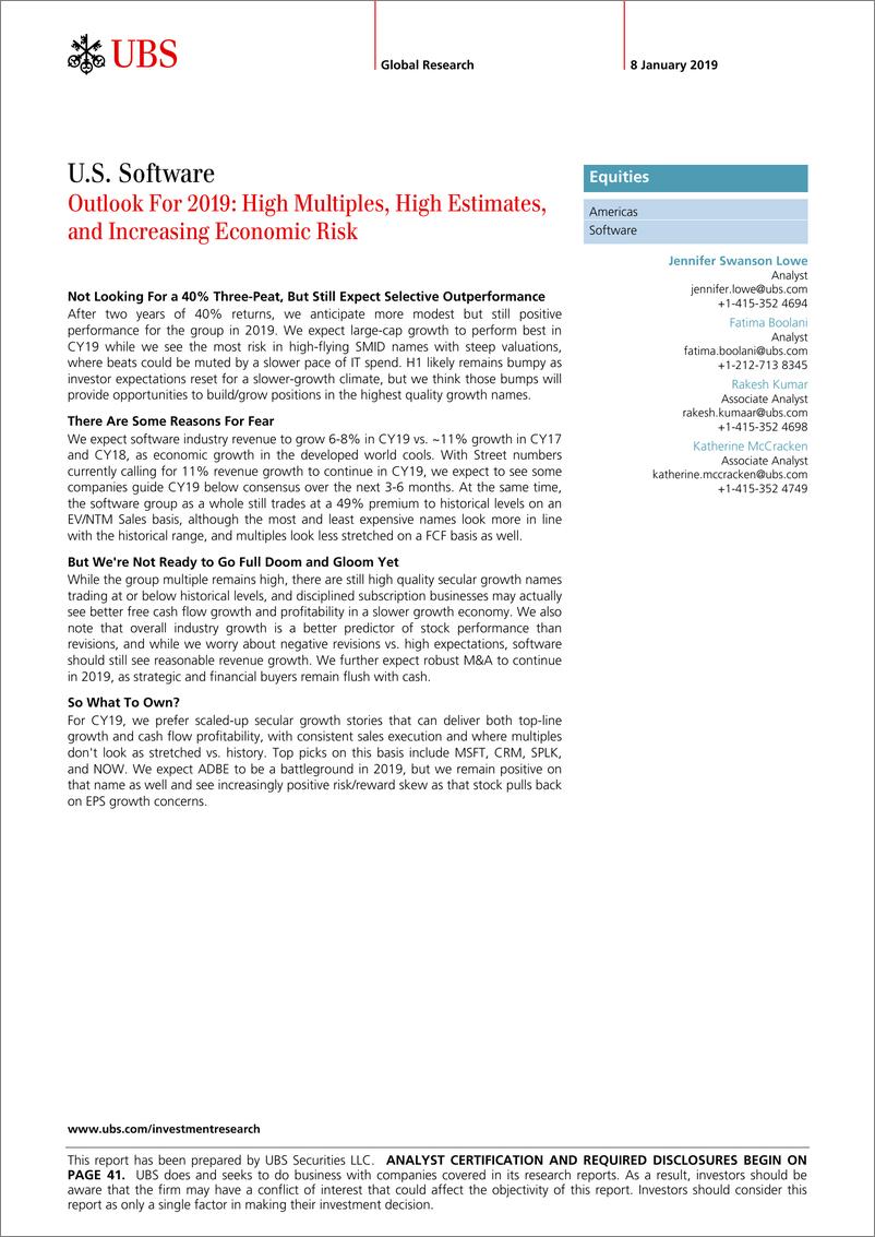 《瑞银-美股-软件行业-美国软件行业：2019年前景——倍数高、估值高、经济风险加大-2019.1.8-46页》 - 第1页预览图
