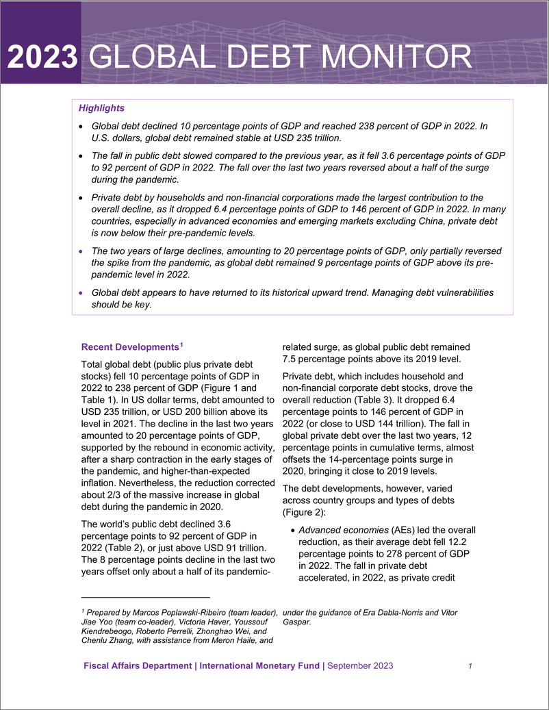 《IMF-2023全球债务监测（2023年9月版）-9页》 - 第1页预览图