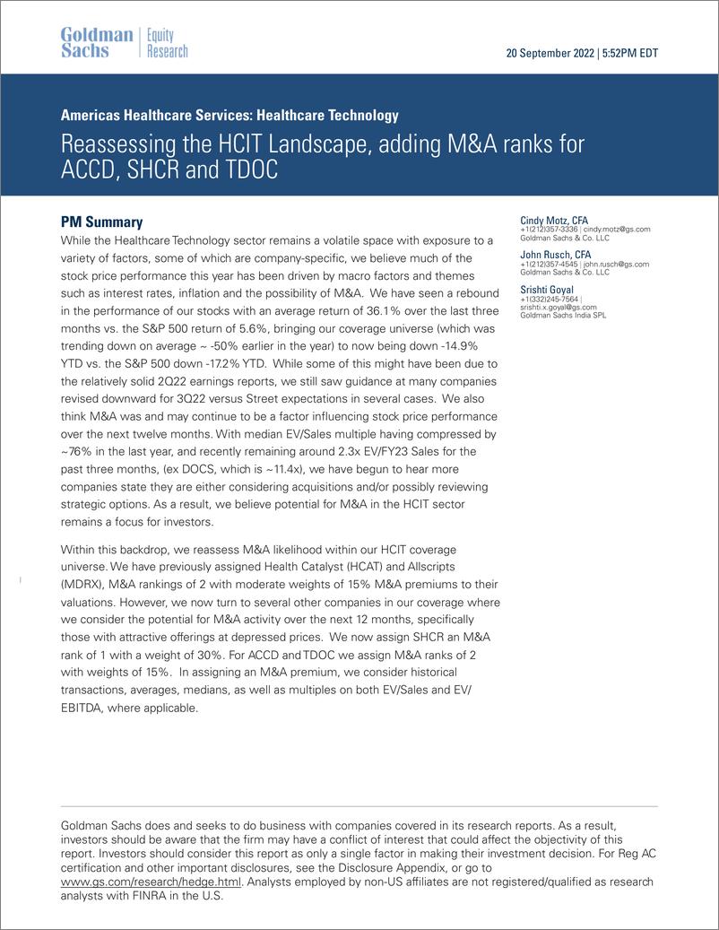 《Americas Healthcare Service Healthcare Technolog Reassessing the HCIT Landscape, adding M&A ranks for ACCD, SHCR and TDOC(1)》 - 第1页预览图