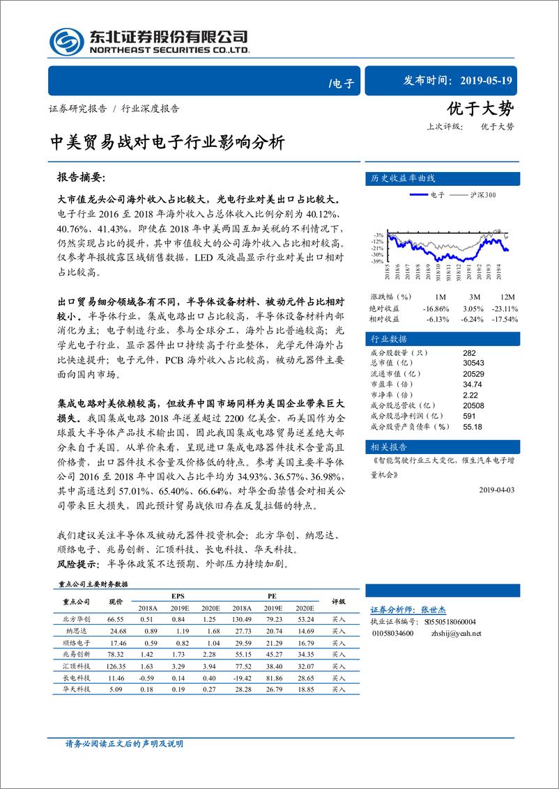 《电子行业：中美贸易战对电子行业影响分析-20190519-东北证券-13页》 - 第1页预览图