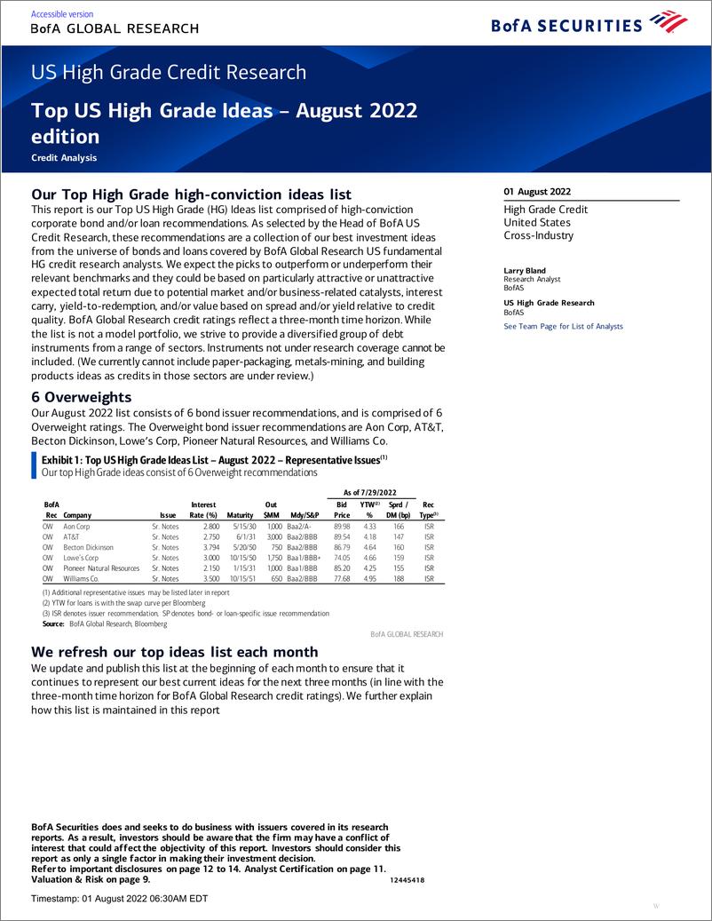 《US High Grade Credit Research Top US High Grade Ideas》 - 第1页预览图