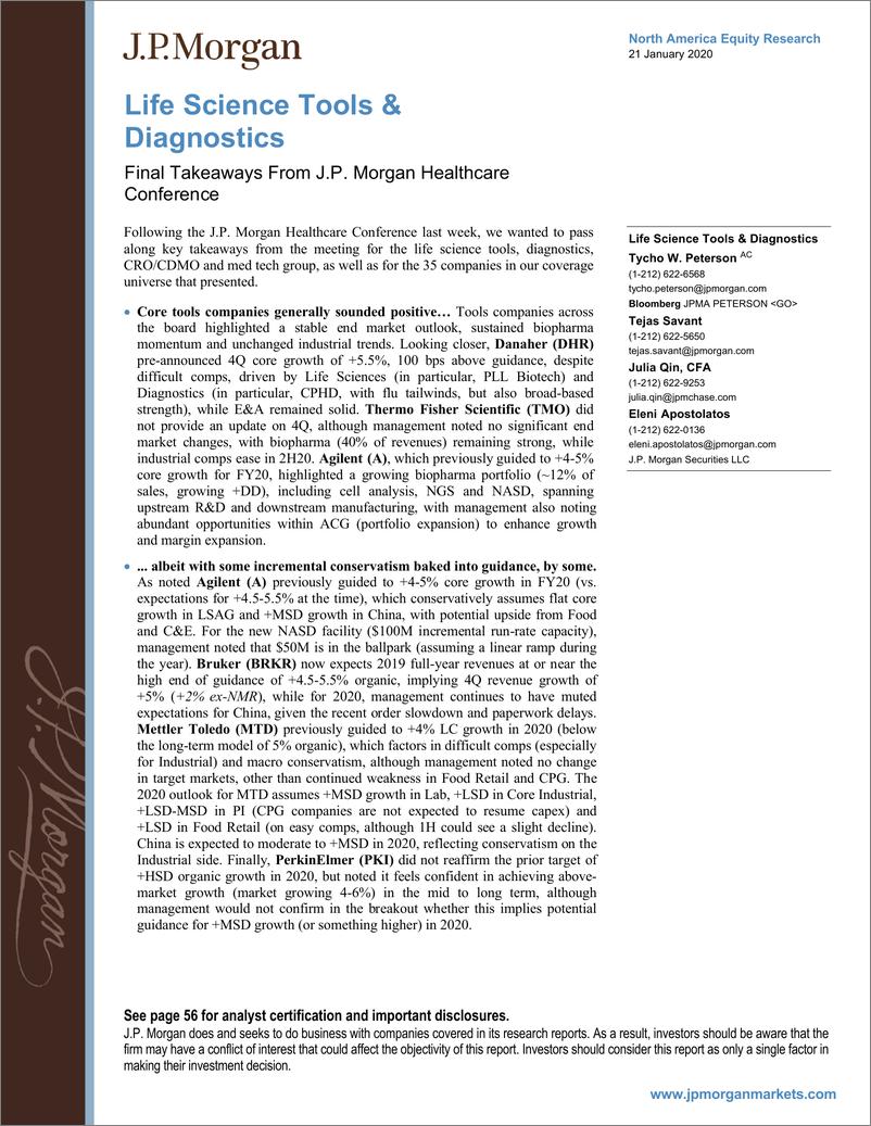 《J.P. 摩根-美股-医疗保健行业-美国生命科学工具与诊断：摩根大通医疗会议要点-2020.1.21-59页》 - 第1页预览图