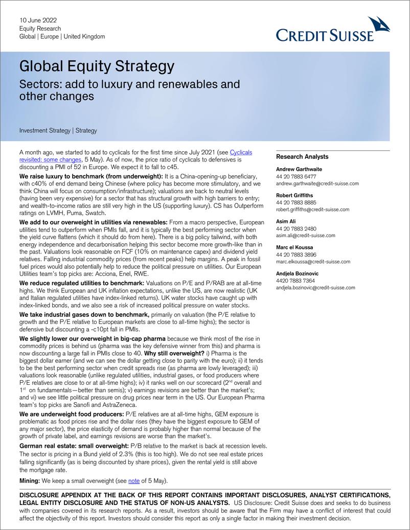 《瑞信-全球投资策略-全球股票策略：行业加入奢侈品和可再生资源及其他变化-2022.6.10-43页》 - 第1页预览图