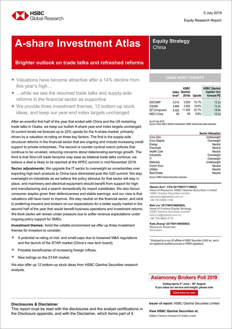 《汇丰银行-中国-投资策略-A股投资地图：更光明的贸易谈判前景和更新的改革-2019.7.5-53页》 - 第1页预览图