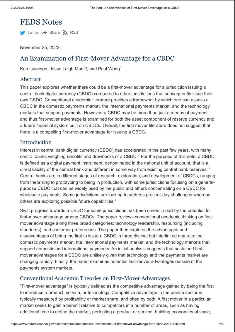 《FEDS中央银行数字货币（CBDC）先发优势研究（英）-10页》 - 第1页预览图