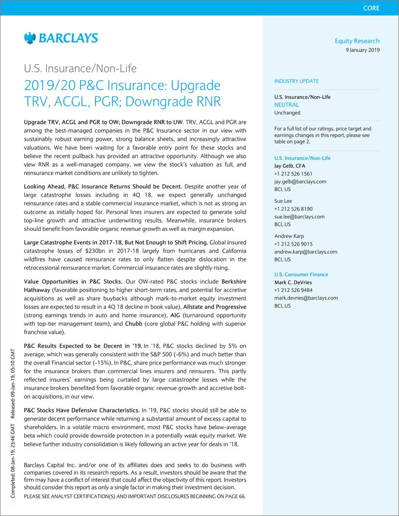《巴克莱-美股-保险行业-美国财产险2019-2020年展望：上调TRVAC、ACGL与PGR评级-2019.1.9-72页》 - 第1页预览图