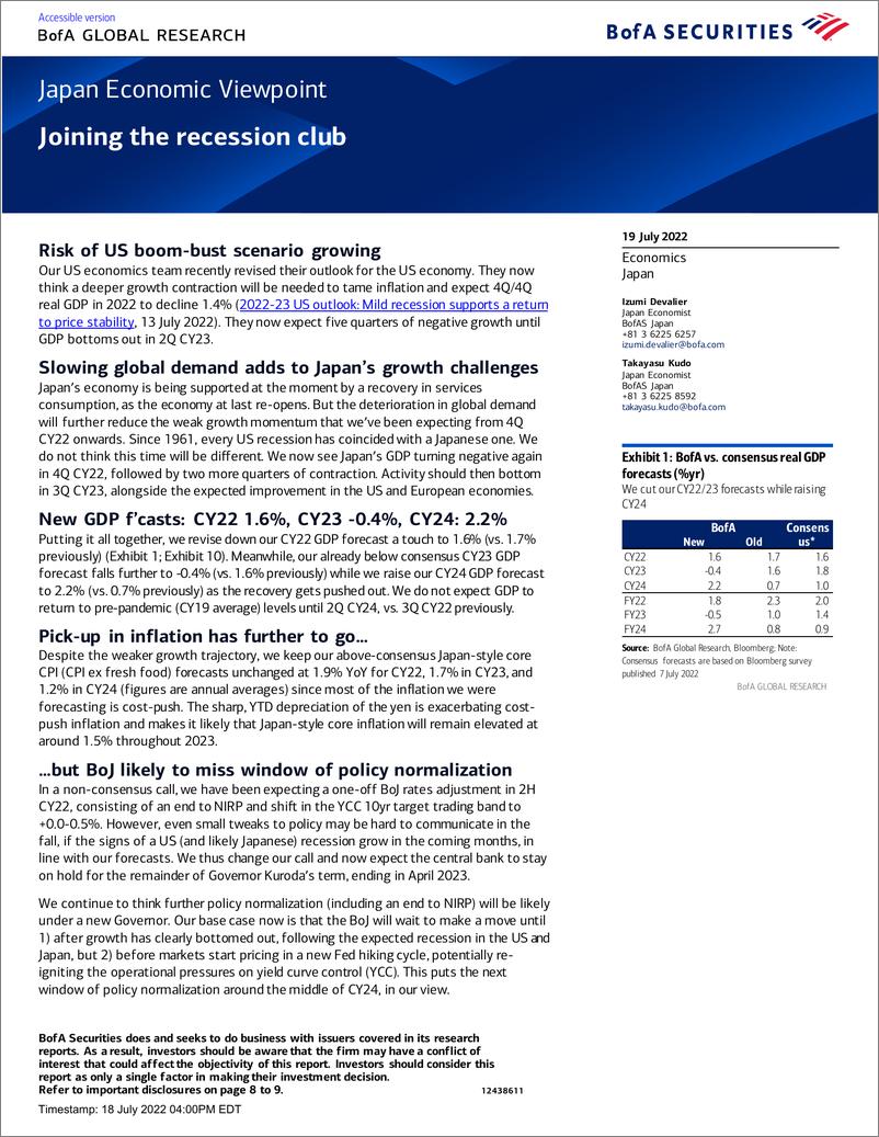 《BOFJapan Economic ViewpoinJoining the recession club》 - 第1页预览图