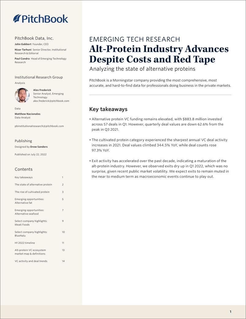 《PitchBook-尽管有成本和繁文缛节，Alt蛋白质行业仍在发展（英）-2022.7-19页》 - 第1页预览图