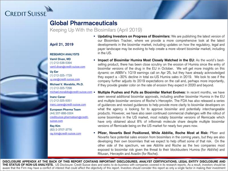 《瑞信-全球-制药行业-全球制药业：跟上生物仿制药的步伐-2019.4.21-40页》 - 第1页预览图