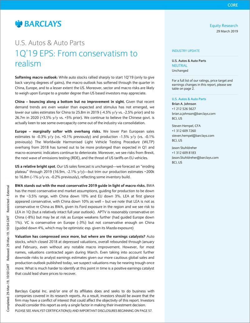 《巴克莱-美股-汽车与汽车零部件行业-美国汽车与汽车零部件2019年Q1EPS：从保守主义到现实主义-2019.3.29-63页》 - 第1页预览图