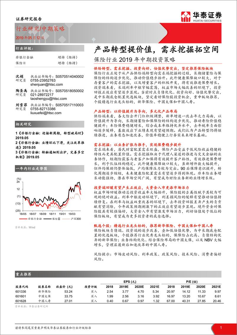 《保险行业2019年中期投资：策略产品转型提价值，需求挖掘拓空间-20190512-华泰证券-20页》 - 第1页预览图